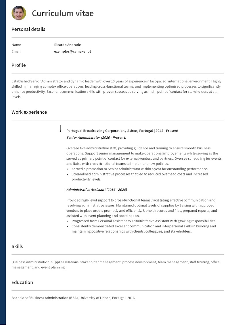 Exemplo de CV – Administrator